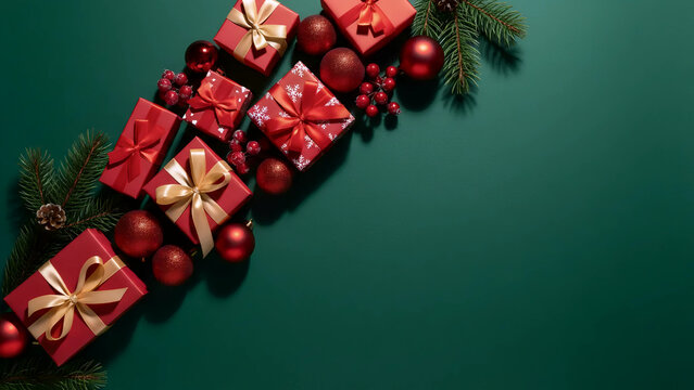 Diagonal Luxury Holiday Gifts | Red Boxes with Gold Ribbons & Ornaments | Premium Flat Lay

