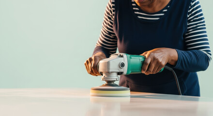 Meticulous woman using power sander to polish smooth surface in workshop, focused hands controlling machine while refining material for precise finish and professional craftsmanship