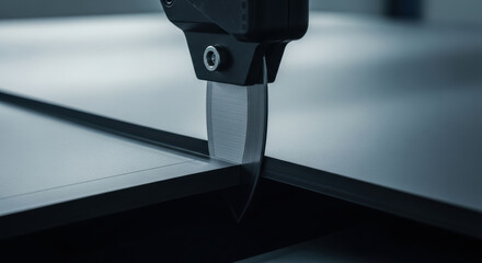 Closeup precision cutting blade slicing dark metal sheet on industrial machine in modern workshop, smooth edges and accurate manufacturing process concept