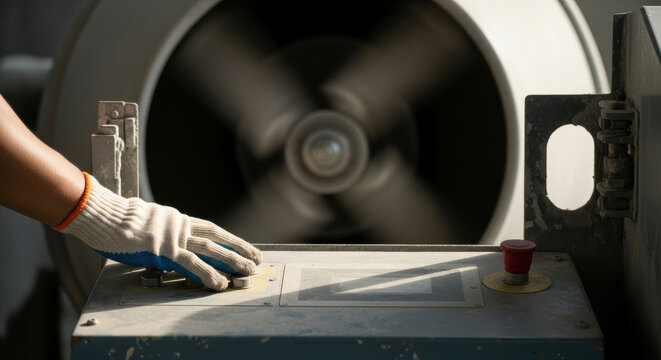 Industrial worker controlling spinning machinery with safety glove near emergency stop button in factory workshop, monitoring heavy equipment operation and ensuring workplace protection