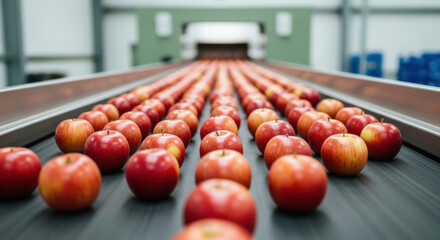 Efficient automated apple sorting line in modern food processing facility with fresh red apples moving in rows on conveyor belt for quality control and packaging
