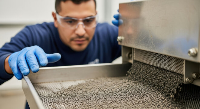 Focused factory technician inspecting metal pellets on industrial sieve with safety gloves and goggles ensuring precise quality control in modern manufacturing environment