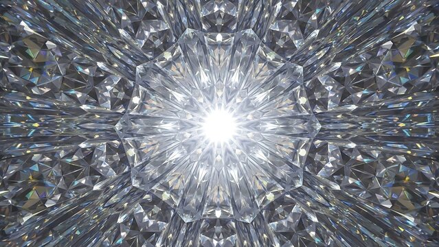 Abstract sparkling diamond crystal kaleidoscope background with bright light reflection