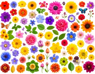 Collection of assorted colorful blossoms and leaves on white