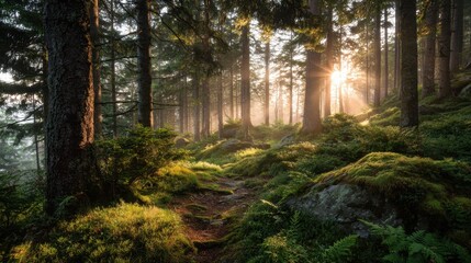 Sunlight streams through the tall trees in a lush forest during golden hour creating a peaceful scene filled with greenery. This enchanting moment highlights the beauty of nature.