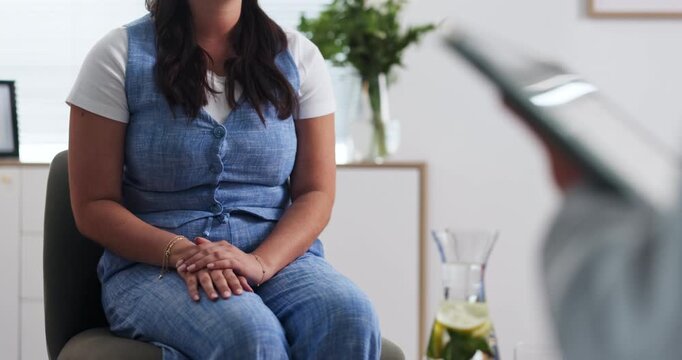 Hands, woman and talking for counseling session, psychology issues and breakdown. Female person, explain and discussion for mental health, interpersonal conflict and therapist with tablet for notes