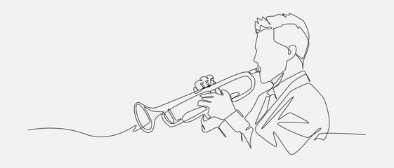 Continuous line drawing of a male musician with trumpet. Editable vector illustration.