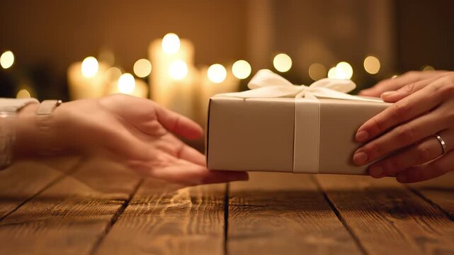Gift box placed on wooden table with warm candlelight in background, hands reaching out to exchange the present, capturing the essence of giving and celebration