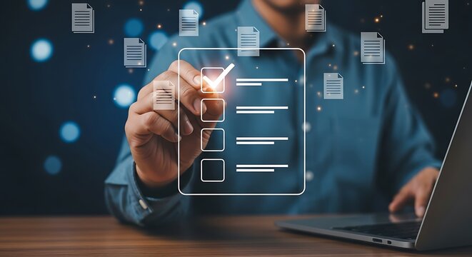Digital checklist concept with person marking tasks on a virtual display
