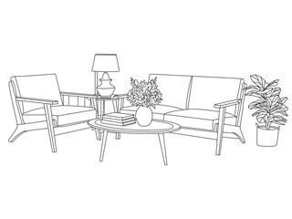 Sofa line art vector illustration, armchair, coffee table, lamp, books, and flower vase.
Perfect for interior design, decor projects, and vector artwork.