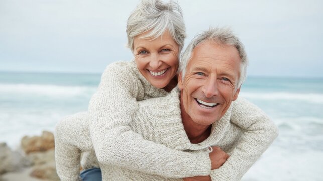 A happy couple embraces on the beach smiling widely. They wear cozy grey sweaters and share a playful moment with the ocean waves in the background on a cool day.