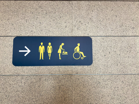 Sign for navigation in unfamiliar place. Concept for finding restroom for personal hygiene procedures. Directions to diaper changing room and wheelchair accessible restroom