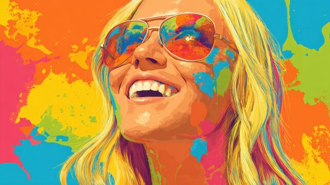 A joyful woman smiles brightly while wearing stylish sunglasses. Her hair shines in the sunlight contrasting against a backdrop of vibrant splashes of color.
