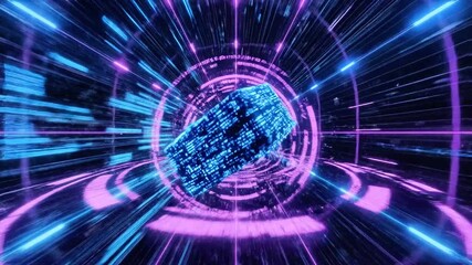 A luminous neon cube sits at center, with warp-speed streaks of pink, blue, and green and neon aura - Powered by Adobe