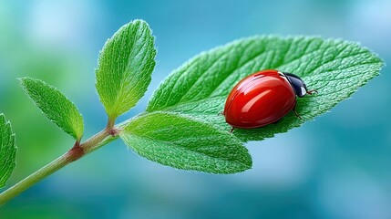 A close-up macro shot of a vibrant red ladybug resting on a textured green leaf, with a soft, blurred blue and green background.