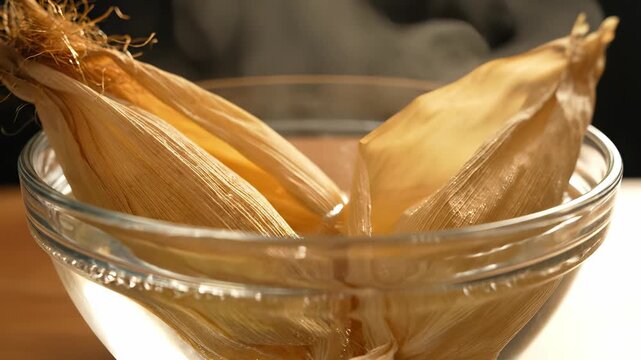Two corn husks submerged in boiling water, showcasing the cooking process with steam rising, highlighting the transformation of ingredients in a culinary scene