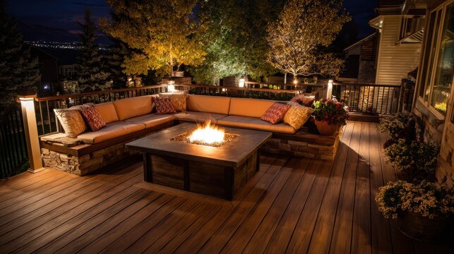 An inviting outdoor seating space featuring a stone fire pit surrounded by comfortable seating and soft lighting. The setting creates a warm atmosphere at night.
