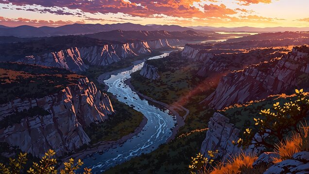 Vibrant illustrated landscape of a majestic river winding through a sun-kissed canyon at a glorious golden hour sunset.