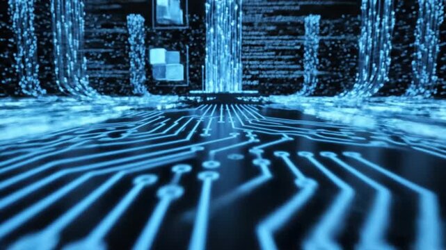 Close-up of a glowing blue digital circuit board with intricate pathways and nodes technology computer