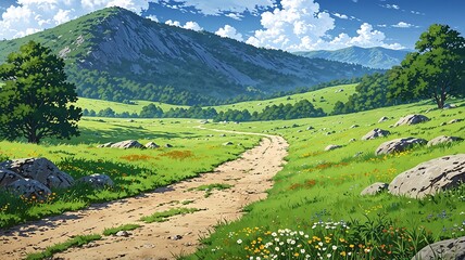 Vibrant anime landscape illustration: Winding dirt path traversing lush green hills, distant mountains, and a clear blue sky.
