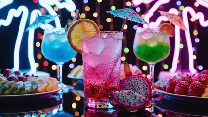 tropical neon cocktails with pitaya garnish and umbrella pick on glossy table, palm neon signs and colorful bokeh create nightlife vibe, sliced dragonfruit and citrus rounds flank tall pink and green. - Powered by Adobe