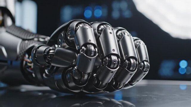 Close-up of a metallic robotic hand clenched into a fist with intricate joints mechanical artificial intelligence