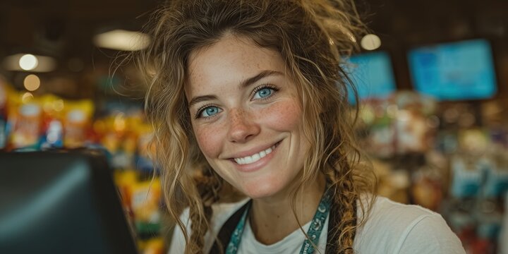 Photo of a pretty female convenience store employee - Powered by Adobe
