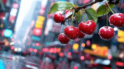 Close-up of ripe, red cherries hanging from a branch, glistening with raindrops, set against a blurred, vibrant city background at night with bokeh lights and f