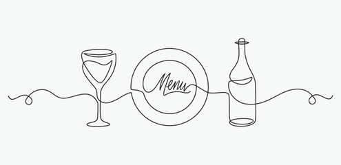 One continuous one line hand drawn menu, plate, bottle and glass, Simple sketch design isolated on white background. outline Vector illustration