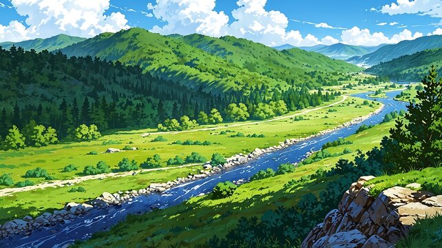 Anime landscape illustration: A serene river winds through a vibrant green valley with lush forested hills and a clear sky. - Powered by Adobe