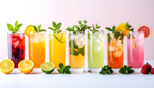 Refreshing Summer Cocktails: Assortment of Fruity Drinks with Mint and Citrus Garnishes