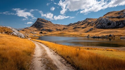 Fototapeta premium Scenic path curves alongside a tranquil lake set against soft golden grass and majestic rocky hills. The clear blue sky adds to the serene beauty of this outdoor landscape.