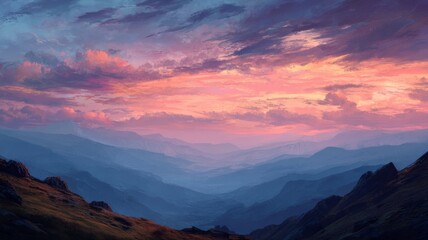 “vibrant mountain landscape at golden sunset with dramatic sky, glowing peaks, soft warm light, layered ridges, serene natural scenery, peaceful outdoor view of tranquil wilderness during evening dusk