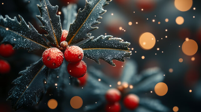 holly leaves with red berries on a green background. - Powered by Adobe