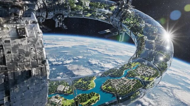 Futuristic ring space station habitat with city and nature inside glass dome orbiting Earth. 3D rendering of sci-fi colony structure in cosmos.