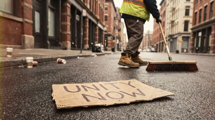 Candid street photo: urban cleaner in bright yellow vest sweeping wet asphalt, passing a 'UNITY NOW' cardboard sign and scattered coffee cups.