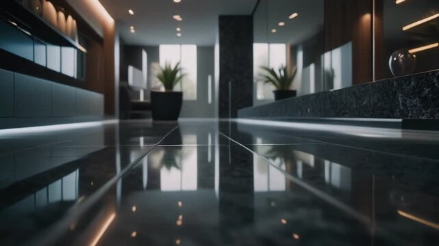 Soft-lit cinematic shot where modern d&eacute;cor casts clear reflections on dark polished granite tiles