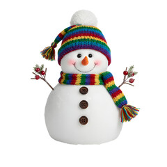 Festive snowman with colorful hat and cheerful expression, winter holiday character with scarf and carrot nose, merry Christmas decoration isolated on transparent background PNG