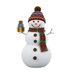 Festive snowman with colorful hat and cheerful expression, winter holiday character with scarf and carrot nose, merry Christmas decoration isolated on transparent background PNG