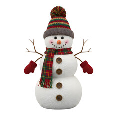 Festive snowman with colorful hat and cheerful expression, winter holiday character with scarf and carrot nose, merry Christmas decoration isolated on transparent background PNG
