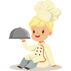 Young Child Dressed As Chef Holding Serving Tray with Cloche in Light Cream Uniform and Chef Hat Blond Hair Smiling Warmly Sitting Down