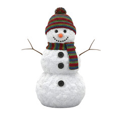 Festive snowman with colorful hat and cheerful expression, winter holiday character with scarf and carrot nose, merry Christmas decoration isolated on transparent background PNG