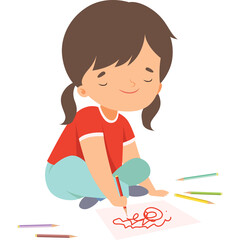 Young girl with pigtails wearing a red shirt and blue pants drawing on paper with crayons on a transparent background with soft lighting and a joyful expression