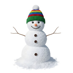 Festive snowman with colorful hat and cheerful expression, winter holiday character with scarf and carrot nose, merry Christmas decoration isolated on transparent background PNG
