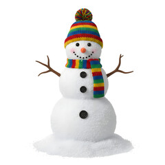 Festive snowman with colorful hat and cheerful expression, winter holiday character with scarf and carrot nose, merry Christmas decoration isolated on transparent background PNG