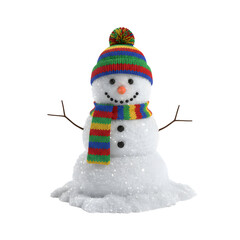 Festive snowman with colorful hat and cheerful expression, winter holiday character with scarf and carrot nose, merry Christmas decoration isolated on transparent background PNG