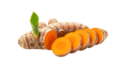 Fresh turmeric root with sprouts and slices isolated on transparent background