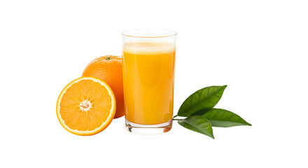 Tall glass of fresh orange juice with whole and sliced oranges and leaves isolated on transparent background