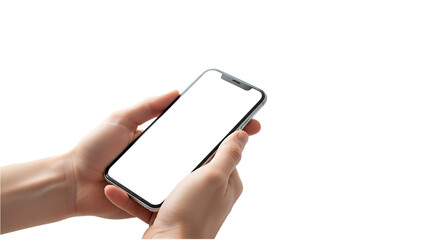 Hands holding a modern smartphone with a blank white screen isolated on transparent background