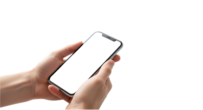 Hands holding a modern smartphone with a blank white screen isolated on transparent background